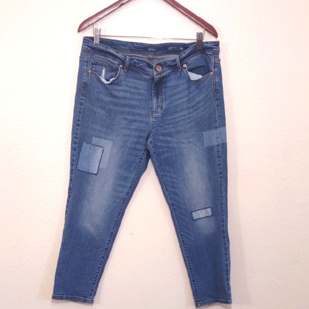 SLIGHTLY USED J. JILL DENIM MEDIUM WASH PATCH DENIM AUTHENTIC FIT SLIM ANKLE 14